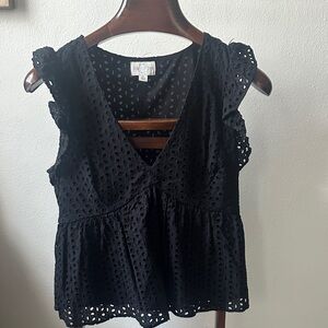 Elegant Black Eyelet Ruffle Sleeve Blouse
